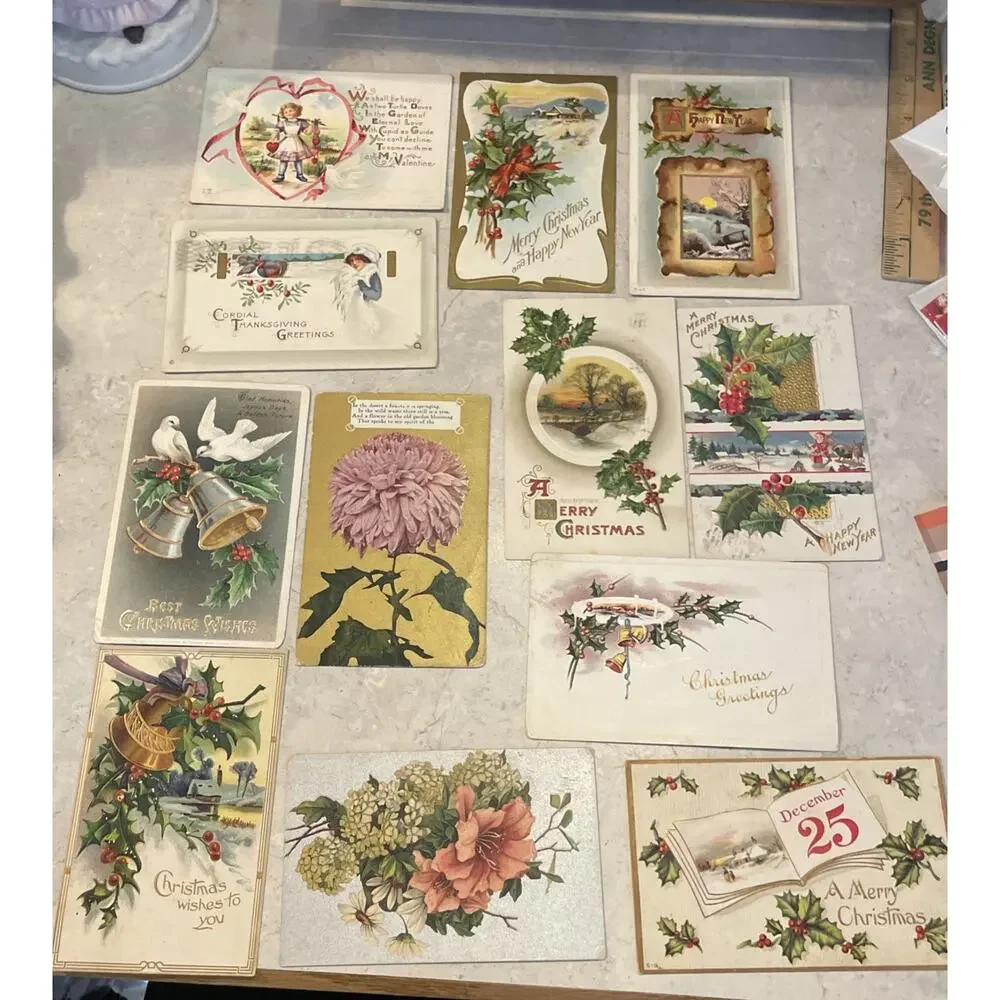 Lot Of 12 ANTIQUE Valentine/thanksgiving/flowers/CHRISTMAS POSTCARDS 1909-1916